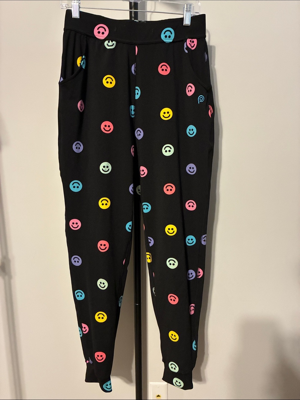 Pop Fit Dopamine Smiley Joggers Black Multicolor Drawstring Lounge Pants Medium